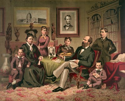 Il presidente Garfield e la famiglia, pub. 1882 da American School